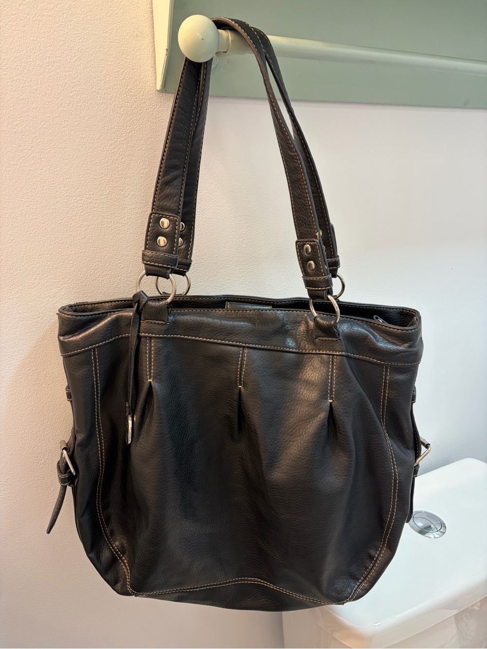 Chaps Black Leather Shoulder Bag with Contrast Stitching